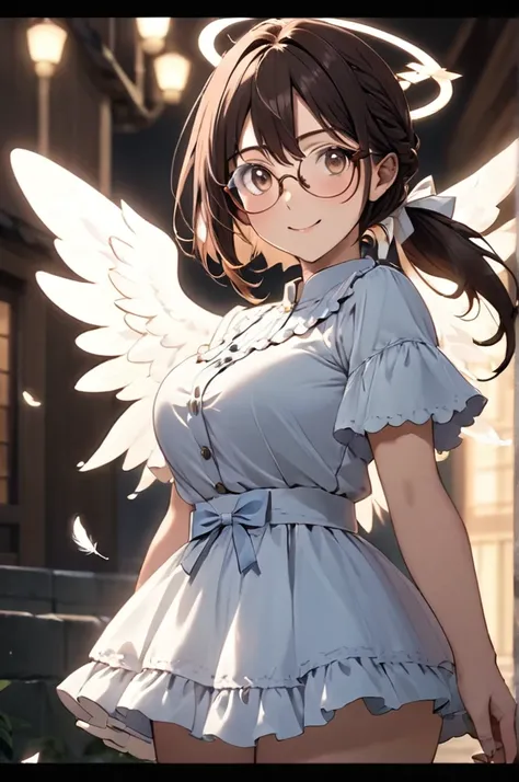 anime screencap, masterpiece, best quality, ultra detailed 8k, (perfect fingers, perfect hands), (cute girl with one braid), (dark brown hair, (low ponytail, one braid), braid with ribbon), , light brown eyes, droopy eyes, white glasses, gentle smile, larg...