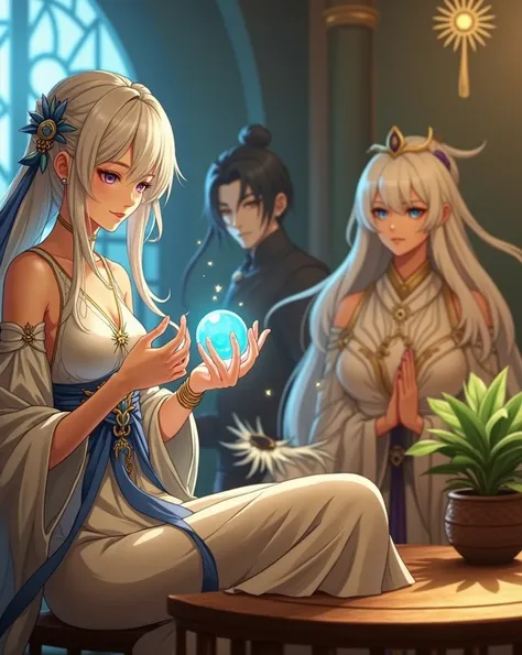 anime girl avec une robe bleue et blanche tenant une boule bleue, Onmyoji, Onmyoji detailed art, Onmyoji portrait, divinité aux cheveux blancs, keqing de l&#39;impact de genshin, genshin, des chevaliers, zhongli de genshin impact, heise jinyao, par Shitao,...