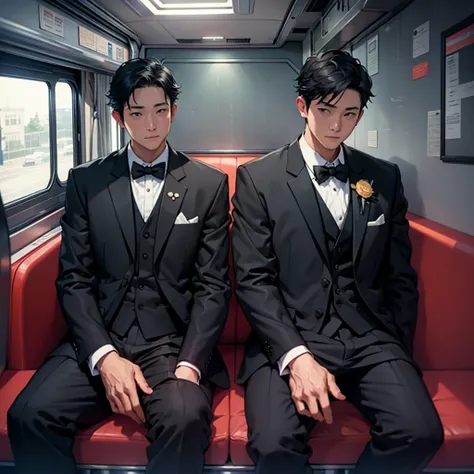 inside the luxury shuttle bus、tuxedo、。fun face、mysterious face、background inside the shuttle bus