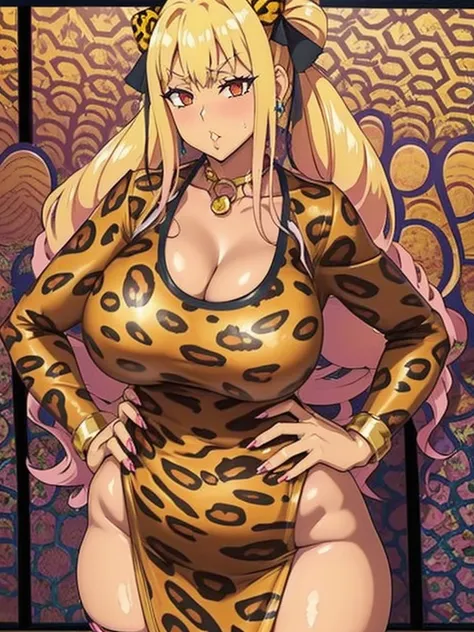 shatte judesvain,super robot taisen,red eyes,big breast,((cleavage)),((solo)),((1girl)),blonde hair,(((leopard print dress))),lo...