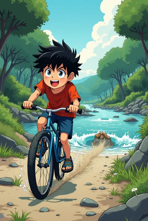 In a comic layout make a boy who is cycling,then he stumbled apon a rock,and fell into a river preferably anime or drawing style