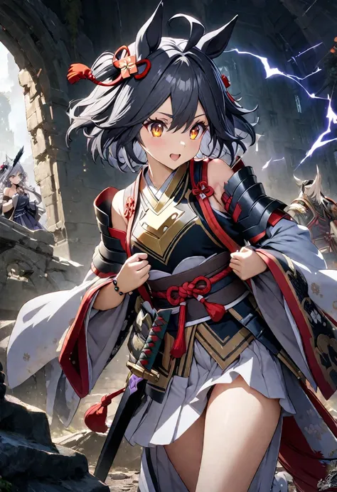 girl, , Samurai Armor, Samurai Pearl, knife、Purple lightning flashes in the background、Gray Hair、Dilapidated Ruins,(((masterpiece))),Highest quality, figure,(Beautiful detailed girl),Exposing shoulders,flat_CHST,Diamonds and sparkling eyes,Beautiful and de...