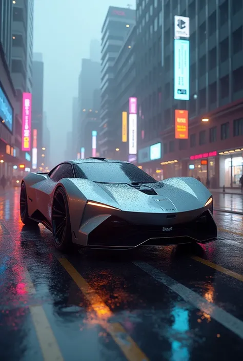 A car of the future in a rainy cyberpunk city (((cinematic lighting))), cinematic soft light, Adobe Light Room, photo lab, HDR-10, immense detail, Extreme detail, photorealism, professional photography