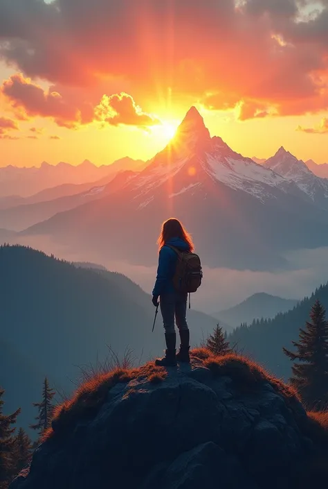 A person standing on top of a mountain at sunrise.