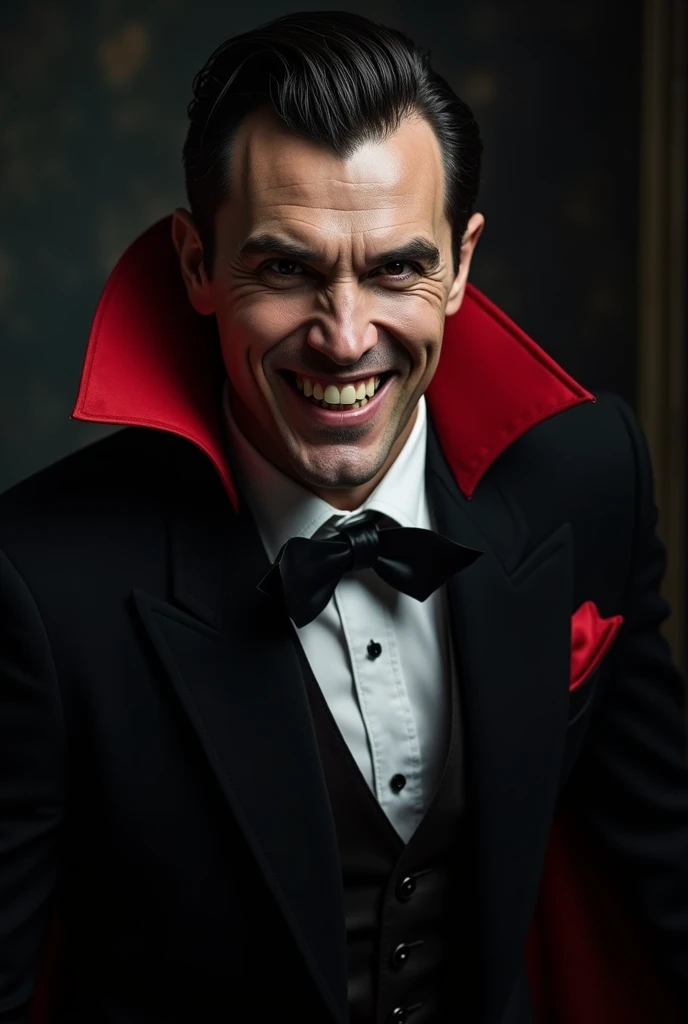 ( high defenition, 4k, realsitic, 1:1, ) a handsom drakula 30 aged charming face,with black and red suit, looking into the camera with sharp eyes, perfect face, perfect jawline, perfect nose, pefrect muscular body, dark background, night, evil teeths, scar...