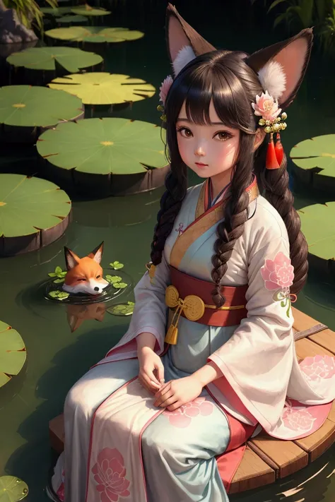 Absurd, High resolution, ultra detailed(One girl:1.3), [Hand-drawn, Simple lines, A girl in colorful Chinese Hanfu, Fox ears, At the lotus pond, masterpiece, Sit on the water, Floating Clothes, Floating Hair