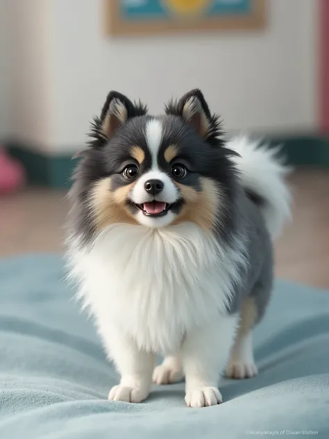 Disney Pixar inspired movie poster titled Diivas 47 in theaters December, a small, chubby 9-month-old German Spitz puppy with a blue merle parti coat and a small depigmentation on the muzzle 