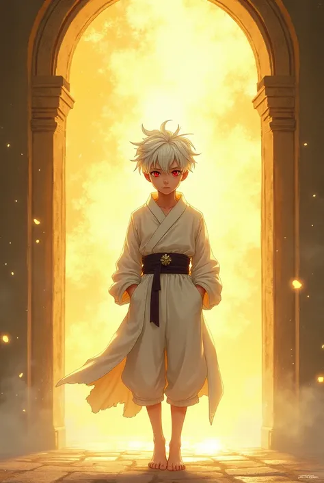 (absurdities, High resolution, ultra detailed manhwa, realistic, Nordic), 1 boy, Young, muscular body, messy white hair up, red eyes, wearing white battle dress, crossing a golden portal, barefoot, hands in pockets, enigmatic look, magical atmosphere 

