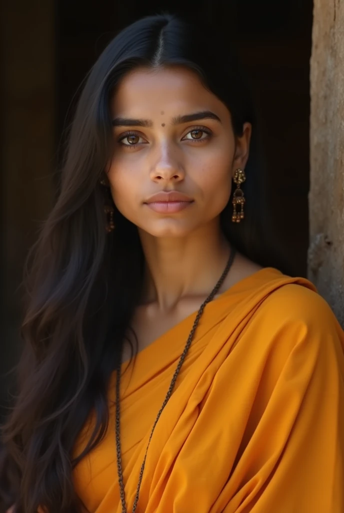 A real Indian girl wearing saffron clothes and no jewellery,