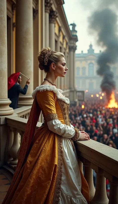 Marie Antoinette standing on a palace balcony during the French Revolution, her expression tense and solemn. She is dressed in royal attire, but the lavish details of her gown contrast sharply with the angry mob below. The crowd of revolutionaries, holding...