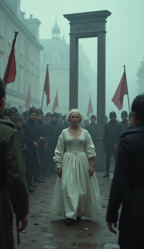 A somber, dramatic scene of Marie Antoinette being led to the guillotine during the French Revolution in 1793. She is dressed in simple, white garments, her hair cut short, symbolizing her loss of status and dignity. The atmosphere is heavy with tension, a...