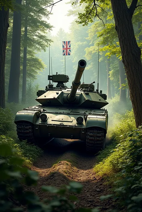 UK: The Challenger 2 Main Battle Tank moving through a dense forest, with the Union Jack flag seen on a nearby hillside.