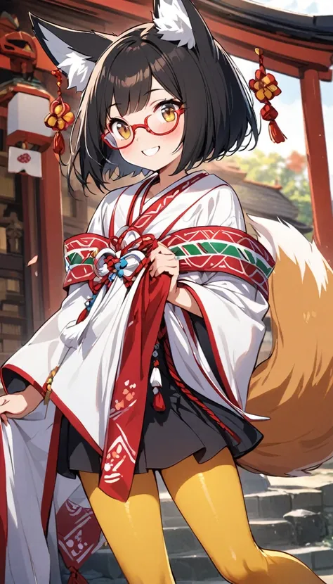 White fox girl,Quiet personality,One Girl,thin body type,Flat Chest,Vermilion and madder colored odd eyes,Red-rimmed glasses,Droopy eyes,smile,Looks happy,Short Hair,Bobcut,Red Mesh,fox ears,Shrine maiden costume,Short black skirt,Fox Tail,1 bottle,Deep go...