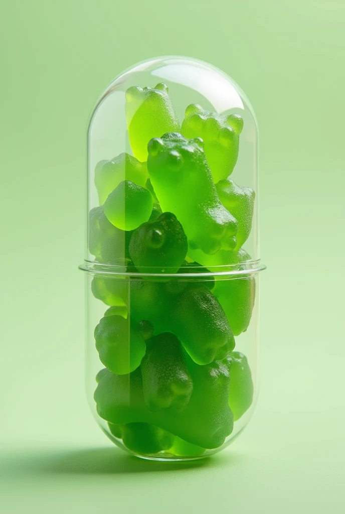 Veggy bears (candy gummy)
with container outside and the container is transparent  that yu can see the veggy bears (color green) 

Like a capsules