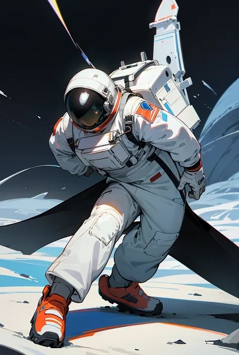 Astronaut wearing black Hellopolo off-road shoes walks on white Martian surface