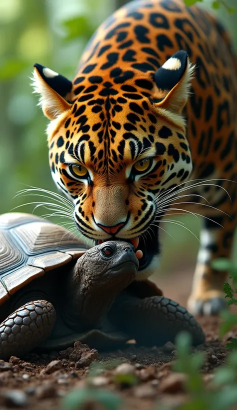 a realistic jaguar hunting and aggressively biting the a tortoises, beautiful detailed eyes, beautiful detailed lips, extremely detailed eyes and face, long eyelashes, photorealistic, 8k, realistic lighting, vivid colors, smooth lighting, hyper detailed, d...