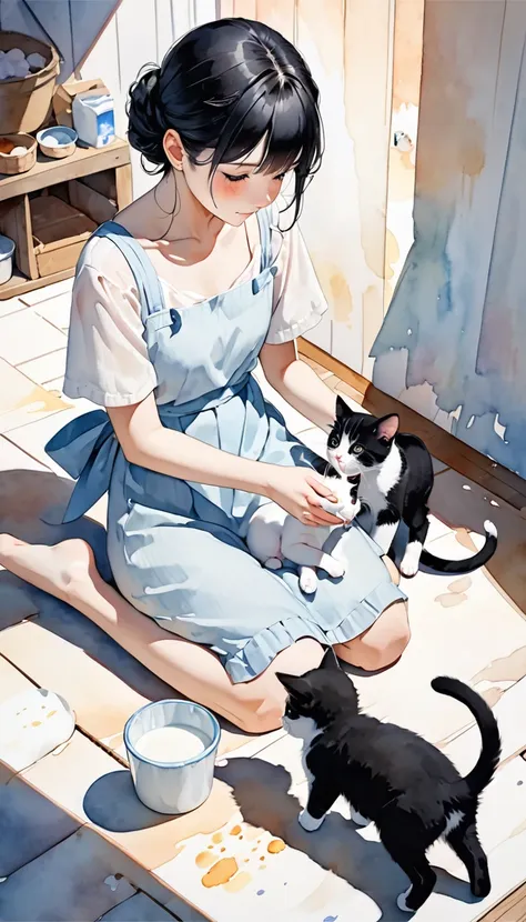 20-year-old,black hair beauty, cute cat and her kittens, mother cat feeding her kitten with milk, watercolor-style, gentle color...