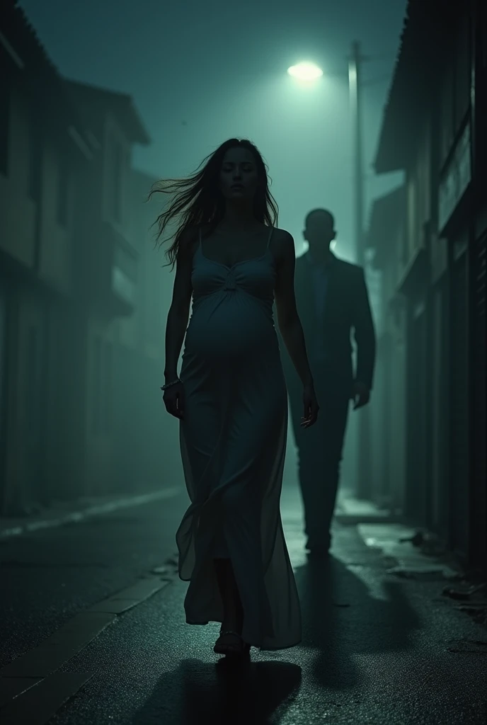 A beautiful pregnant woman wearing a dress was walking in a dark street and she didnt know that shes been tailing by an stranger behind her and it has bad intentions to her. 
