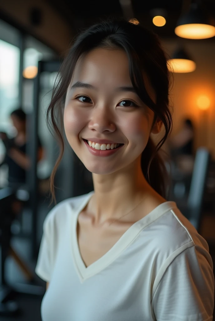 Selfie Style。Young fair-skinned Japanese woman。Smiling。Wearing a white T-shirt。Close-up of the chest。The background is the training room at night.。Orange dim lighting。Training equipment。Selfie style。