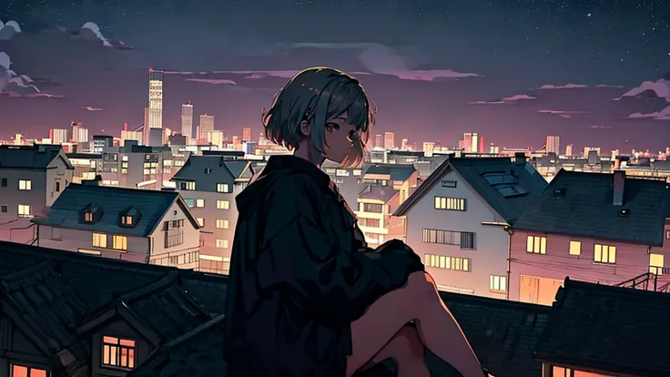 Girl sitting on the roof of an old house, Lo-fi image,Retro, Night Light, View from the rooftop, alone, Lofty Girl, Lo-fi Art Style, Lofty Girl aesthetic, By Gairan, anime aesthetics, relaxed mood, lo-fi illustration style