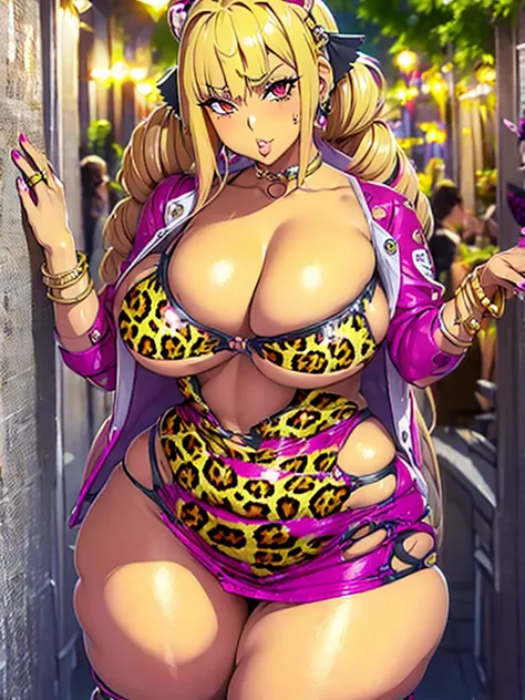 Shatte judesvain,Super robot taisen,Red eyes,Big breast,((Cleavage)),((Solo)),((1girl)),Blonde hair,(((Leopard print dress))),Long sleeve,Collar,Short skirt,Gyaru,((twin tail hairstyle)),Thick lips,Enchanted breast,Hoopa bracelet,Necklace,hoopa earring,((t...