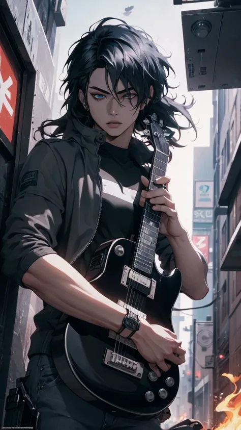 Ultra detail, high resolution, ultra detailed, The best quality, amazing, top quality, Extremely detailed 8k CG wallpaper, Cinematic lighting, Metal Fanatic, cyberpunk, Dark boy, long hair, play the guitar, Flame effect, Symmetrical and detailed eyes.