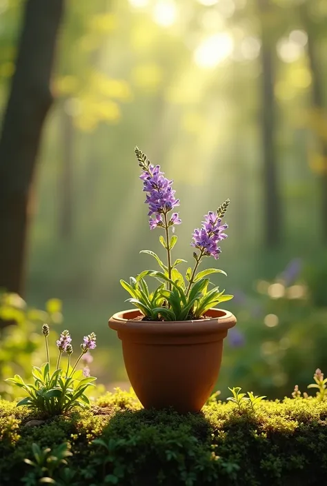 8K, A whimsical miniature a lavender, delicately arranged, dances grandly on the edge of a worn, moss-covered terra cotta vase. It is set against a backdrop of vibrant, lush forest, where sunlight filtering through the canopy above casts intricate shadows....