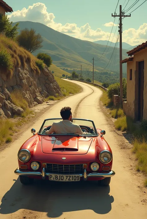 Artist Tino Casal driving a classic car on the Asturian roads, that seems to come from a rural brothel