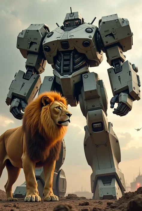 Very powerful war robot and lion standing front of robot