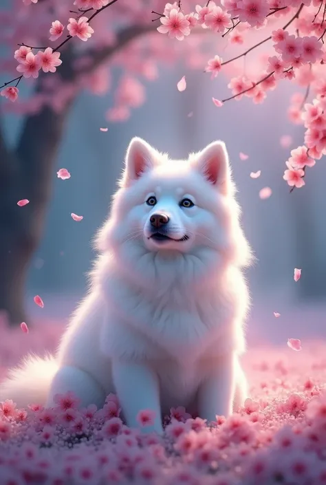 A cute, pure white Samoyed dog is enjoying the cherry blossoms at night