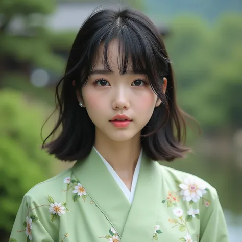 Beautiful girl model,her face looks like Momo from TWICE,black sholder length soft hair and have bangs, big  double lid eyes, babish white skin,cute face,soft pink lips,She is wearing light green color Kimono printed some flowers in beauteful place in Kyot...