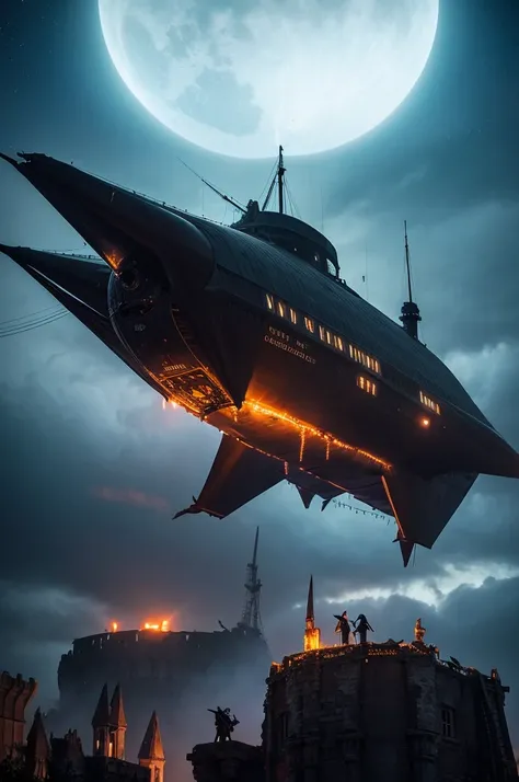 A gigantic airship in the shape of an enormous bat with wings spread wide, made from black and purple materials. The ships body glows faintly with an eerie light and is adorned with ancient runes and blood-red gems. As it flies through a stormy night sky f...