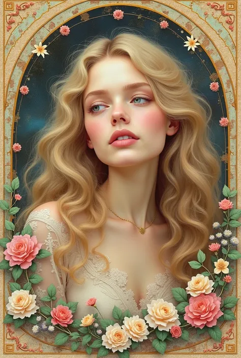 European womans face portrait, long curly hair, blonde, flower frame, decorative panel, abstract art, by Alphonse Mucha (masterpiece, highest quality, high resolution: 1.4), detailed, intricate details, 4K, color splash, line art, Fibonacci, in underwear