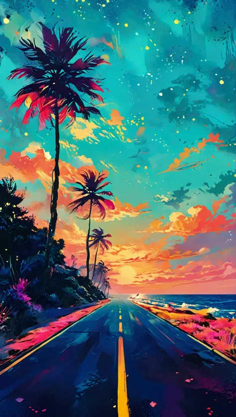 Impressive 80&#39;s、Seaside、Feel the wind、Blue、Running old car . Seasideの見える道路を走る車、Incorporate vibrant pastel colors, Refined lines, Retro Summer Vibes. Fantastic bright starry sky、Vintage Contemporary Art with a Modern twist. Emotional atmosphere、Stylish ...