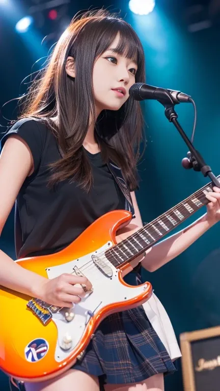 (Beautiful girl playing electric guitar on stage at school festival)、Outdoor Live、(Best Quality、8k、RAW Photos)、(Genuine:1.2)、(Japanese 20 year old beauty:1.2、Idol&#39;Face:1.3)、(Stand with your feet apart:1.2、I can see your underwear:1.5)、(Thin thighs、Knee...