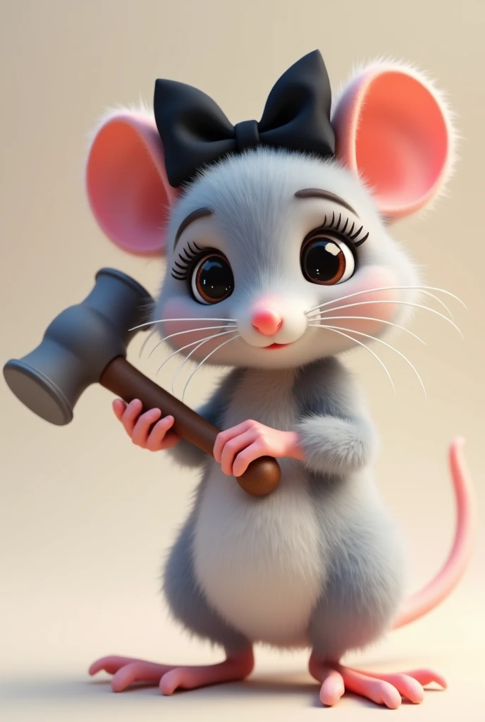 Create png image seal rat with eyelashes and black bow Make png image 3d make a rat add a sledgehammer in its hand and more cute Make it more feminine