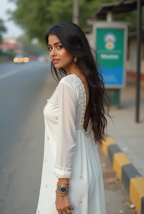 A pretty 1 north indian girl wearing white kurta waiting roadside near a bustop, the kurta is a deep cut  showing a little cleavage and she is bending over to seduce men standing at the bus stop by showing her little cleavage and round ass