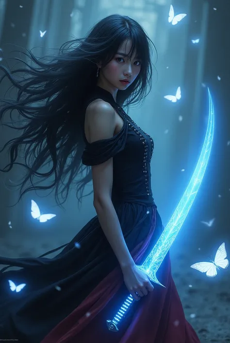 Black haired girl with her black and red dress, holding a blue glowing sword with white butterflies surrounding it