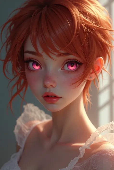 1 girl, adult  woman,  pink eyes, copper pixie cut,