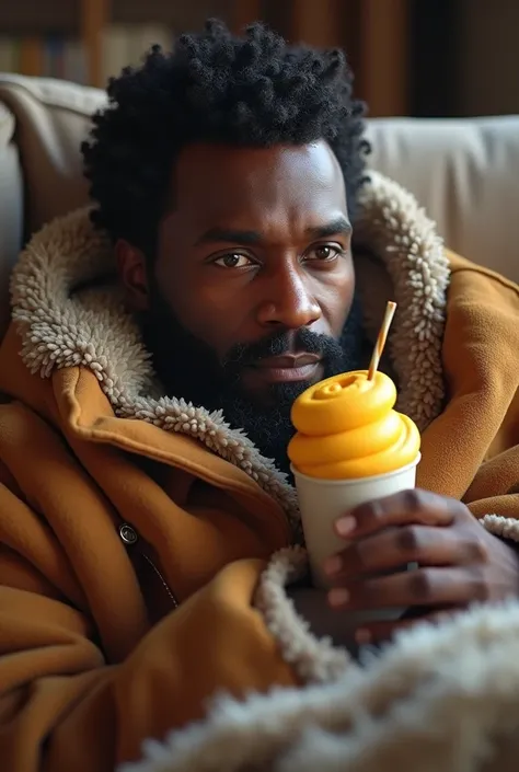 A realistic black man wrapped in Blankets, wearing winter clothes
 on a couch eating Mango Talaat ice cream

