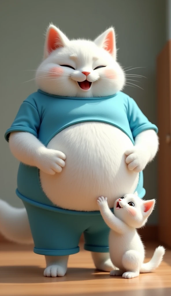 fat white cat father standing, white kitten standing, holding the stomach, hungry expression, indoor background, fat white cat dad wearing blue t-shirt, blue shorts, anak kucing putih menganakan kaos biru, 3d