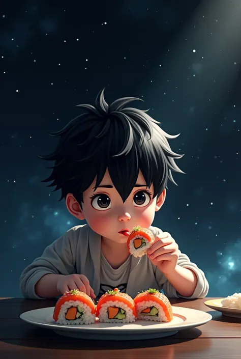 A boy with black hair eating sushi in space