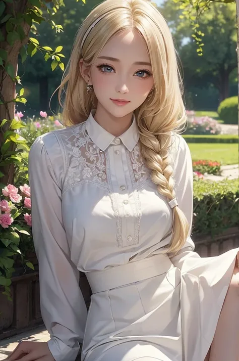 masterpiece, best quality, intricate details, beautiful detailed eyes, beautiful detailed lips, a beautiful girl, white blouse, black skirt, blonde hair, single braid, slender body, medium breasts, garden, sunlight, shy, blushing, smiling, faint lips