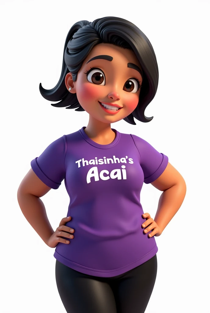 3D Emperor Pixar poster of a dark-haired woman with a purple stump and a purple shirt with the name Thaisinha&#39;s açaí , in black pants and with her hands on her waist with a white background she is smiling very much with a standard body 