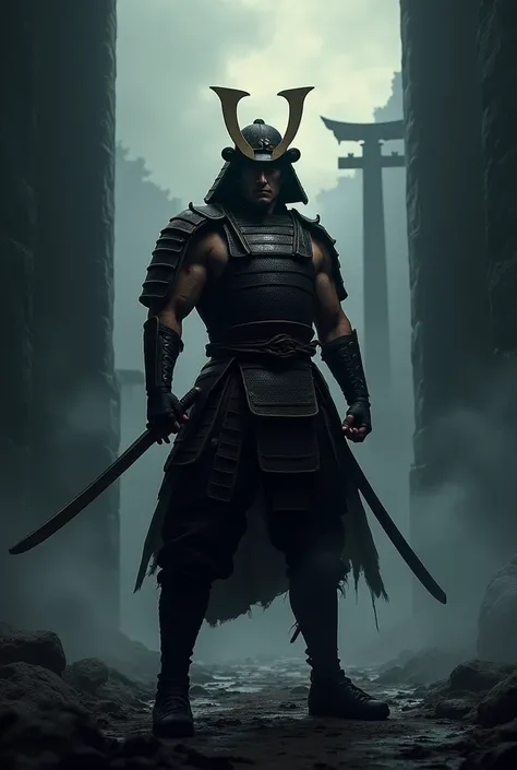 A MAN STANDING IN A DARK PLACE WITH A SAMURAI SWORD 
