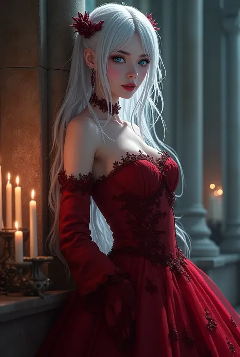 Cute anime style, close-up of a vampire Queen, flowing white hair, sparkling sapphire eyes, dressed in an elegant blood-red gown with lace detailing, leaning against a stone pillar, surrounded by flickering candlelight in an ancient cathedral.