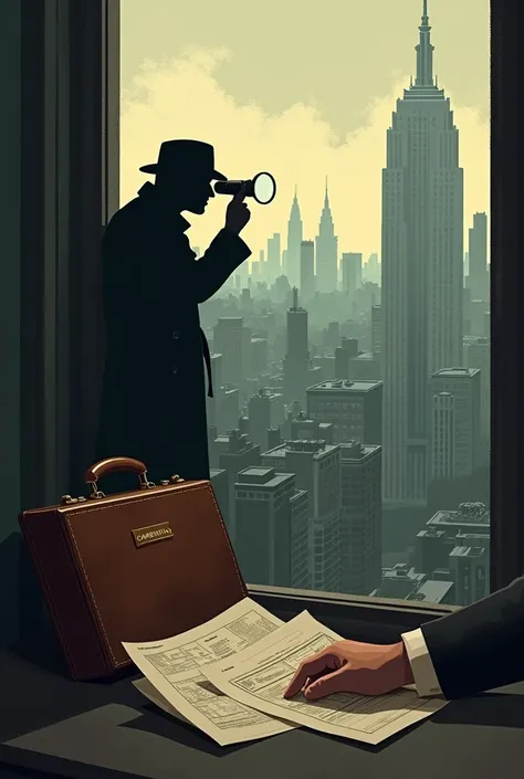 . Incorporate a shadowy silhouette of a detective (a stylized agent in a trench coat and hat) in one corner, looking out over the city with a magnifying glass or binoculars, subtly inspecting the real estate landscape. Another design feature could be a vin...