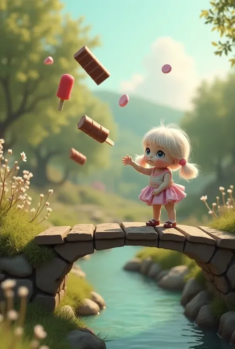 A girl doll, throws a popsicle, chocolate, from a bridge 