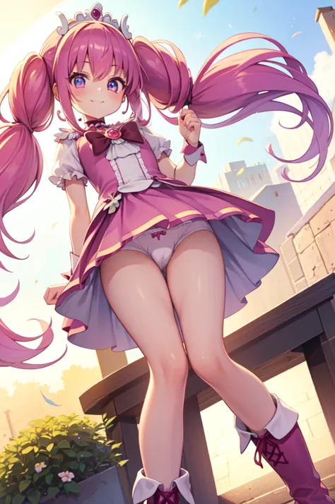 nsfw、anime、1 girl、Cure Happy、Pink Hair、(Large curly hair with low pigtails)、Feather ornament、skirt、Tiara、Wrist cuffs、(Pink shorts)、(White panties)、boots、Happy smile、(Shiny fabric)、Cowboy Shot、Pink Gemstones、Standing、blush、(Beautifully detailed eyes)、Highly...