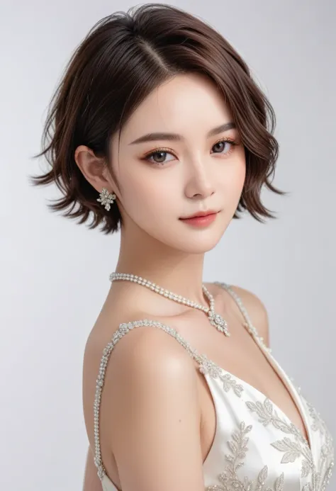 Short haired goddess,dressed in a charming and elegant white Evening dress,cool expression,light smile,fashionable and luxurious,black eyes,standing posture,Complete head and upper body photos,advertising photography,white background,exquisite and realisti...